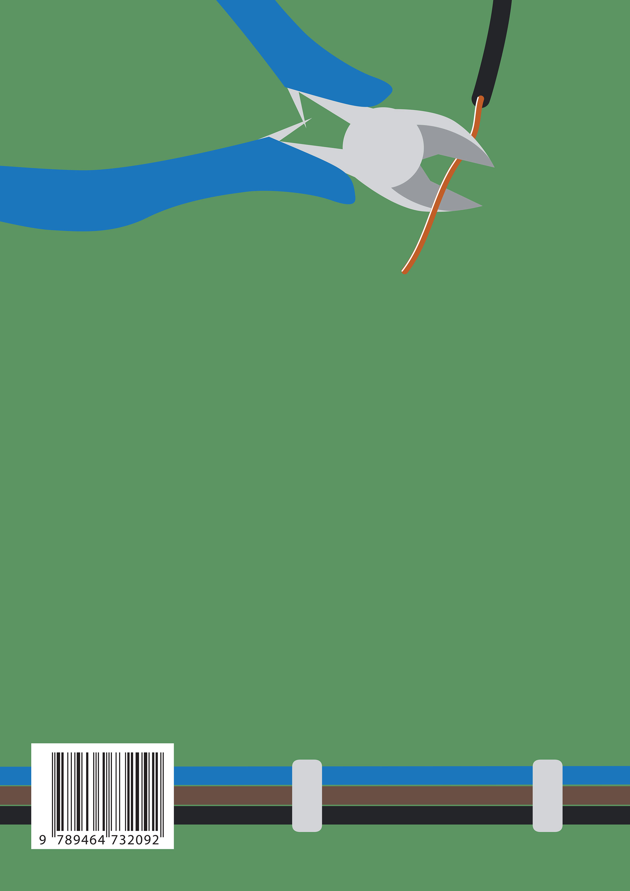 The back cover of my thesis. The three electricity wires cross its width from right to left at the bottom. At the top, a pair of pliers is in the process of cutting the copper end of another electricity wire.